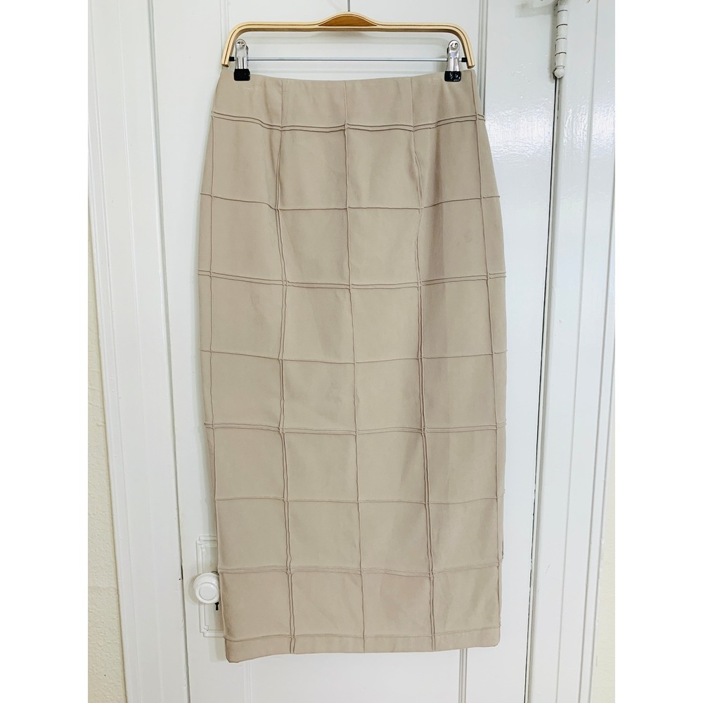 Silk Club Beige Suede-Like Grid Windowpane Maxi Pencil Skirt 10 Minimalist